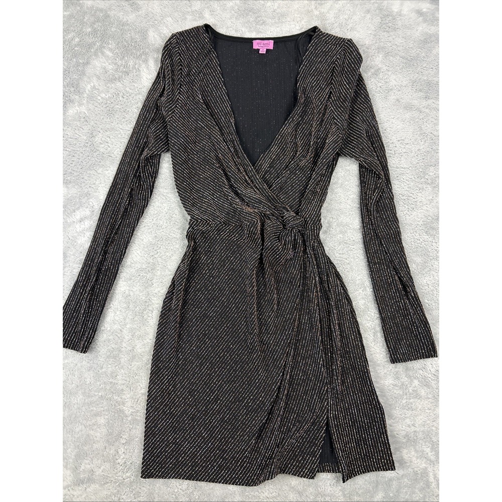 Mi Ami Francescas Mini Dress Womens Small Wrap Knot Metallic Gold Black Stretchy